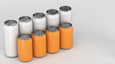 Büyük ve küçük beyaz ve portakal soda ayakta beyaz arka plan üzerinde iki raws kutular. İçecek mockup. Bira veya içecek teneke paketi. 3D render illüstrasyon