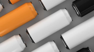 Beyaz arka plan üzerinde siyah, beyaz ve portakal soda RAWs kutular. İçecek mockup. Bira veya içecek teneke paketi. 3D render illüstrasyon