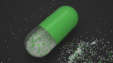 Siyah arka plan üzerinde renkli ilaç kapsül. Tıbbi ya da eczane konsepti. 3D render illüstrasyon