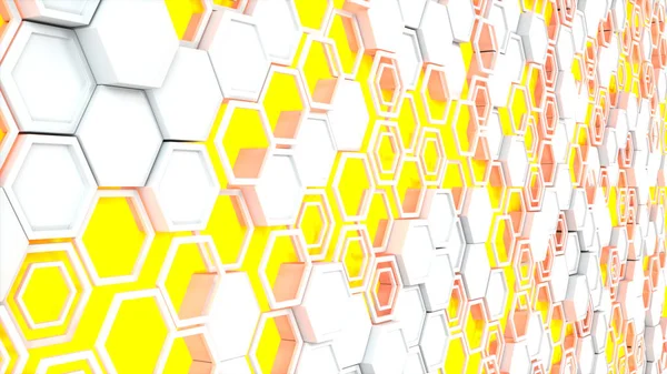 3d arka plan mavi parlak zemin üzerine beyaz altıgenler yapılmış. Altıgen yanarak bahislerin doğru duvarına. Petek desen. 3D render illüstrasyon