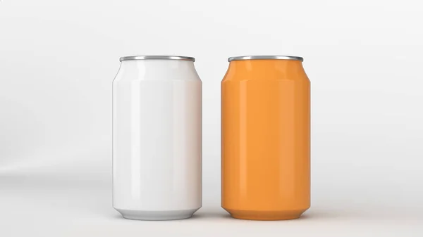 Duas Pequenas Latas Refrigerante Alumínio Branco Laranja Mockup Fundo Branco — Fotografia de Stock