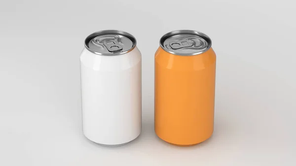 Dos Pequeñas Latas Soda Aluminio Blanco Naranja Maquetas Sobre Fondo — Foto de Stock