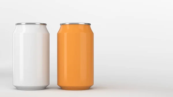 Два Небольших Белых Оранжевых Алюминиевых Банки Соды Макет Белом Фоне — стоковое фото