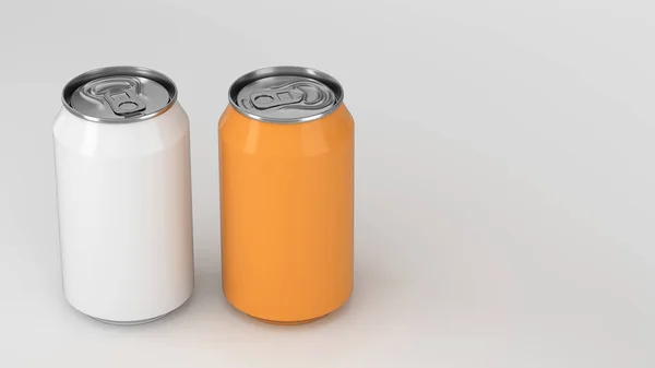 Två Små Vita Och Orange Aluminium Soda Burkar Mockup Vit — Stockfoto