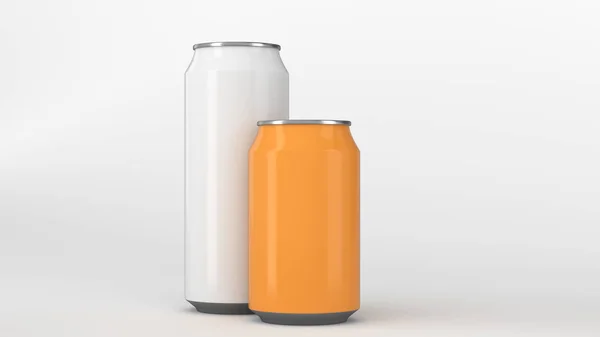 Stora Vita Och Små Orange Aluminium Soda Burkar Mockup Vit — Stockfoto