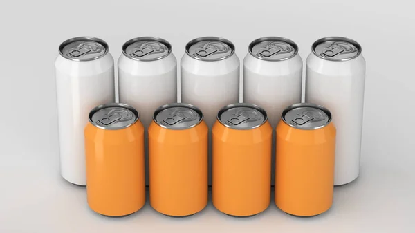 Grote Kleine Witte Oranje Soda Blikjes Staande Twee Raws Witte — Stockfoto