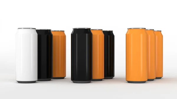 Raw Van Zwart Wit Oranje Soda Blikjes Witte Achtergrond Drank — Stockfoto