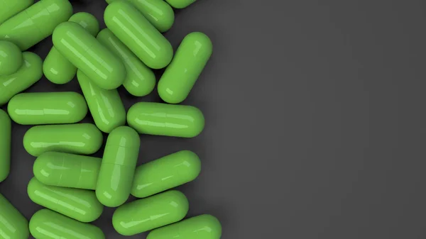 一堆绿色药物胶囊在黑色背景 医疗或药学的概念 渲染插图 — 图库照片