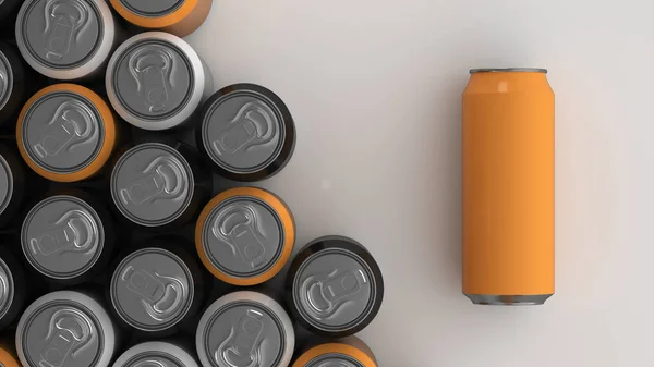 Grote Zwarte Witte Oranje Soda Blikjes Witte Achtergrond Drank Mockup — Stockfoto