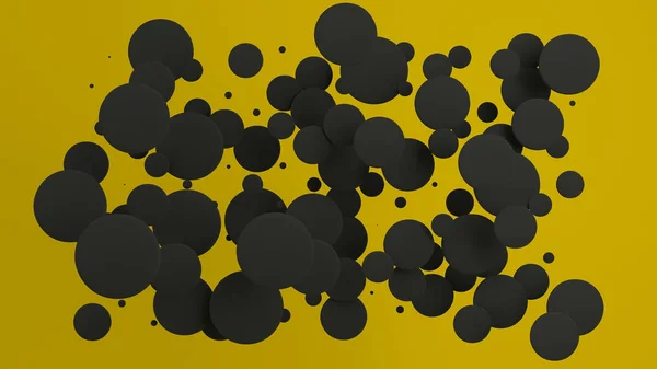 黄色背景上随机大小的黑色光盘 抽象背景与圈子 墙前的圆云 渲染插图 — 图库照片