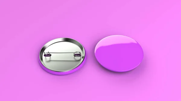 紫色の背景にブランクの紫色のバッジ ボタンのモックアップ レンダリング図 — ストック写真