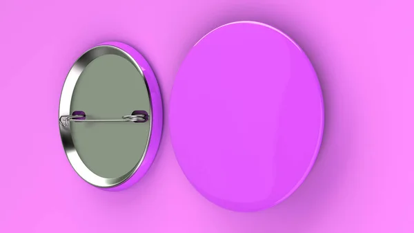紫色背景上的空白紫色徽章 Pin 按钮样机 渲染插图 — 图库照片