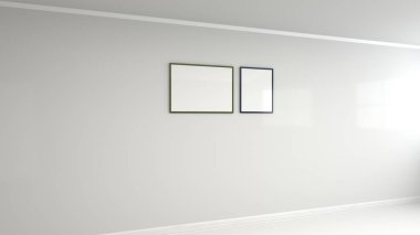 Boş beyaz poster duvara renkli çerçeve içinde. Resim ya da fotoğraf mockup. 3D render illüstrasyon