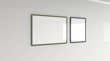 Boş beyaz poster duvara renkli çerçeve içinde. Resim ya da fotoğraf mockup. 3D render illüstrasyon