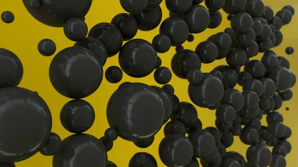 Esferas Negras Tamaño Aleatorio Sobre Fondo Amarillo Fondo Abstracto Con — Foto de Stock