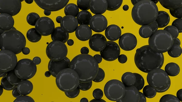 Esferas Negras Tamaño Aleatorio Sobre Fondo Amarillo Fondo Abstracto Con — Foto de Stock