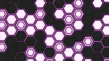 3d arka plan mor parlak zemin üzerine siyah altıgenler yapılmış. Altıgen yanarak bahislerin doğru duvarına. Petek desen. 3D render illüstrasyon