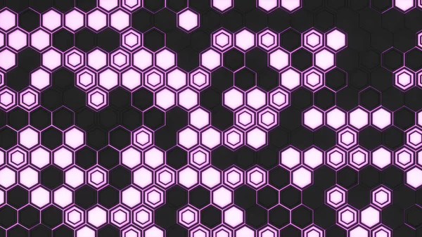 Abstract 3d background made of black hexagons on purple glowing background. Wall of hexagons. Honeycomb pattern. 3D render illustration