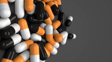 Siyah arka plan üzerine siyah, beyaz ve turuncu ilaç kapsül yığını. Tıp, sağlık veya eczane konsepti. 3D render illüstrasyon