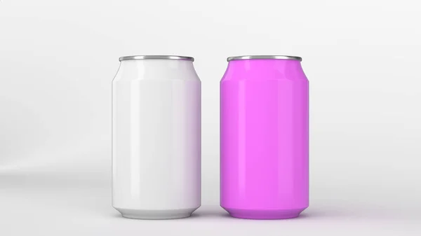 Duas Pequenas Latas Refrigerante Alumínio Branco Roxo Mockup Fundo Branco — Fotografia de Stock