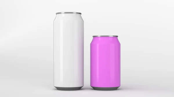 Grandes Latas Soda Aluminio Blanco Morado Pequeño Maqueta Sobre Fondo — Foto de Stock