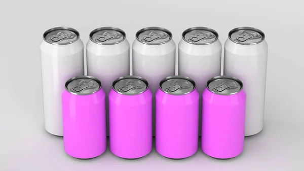 大和小的白色和紫色苏打罐站在两个 Raws 的白色背景 饮料样机 锡包啤酒或饮料 渲染插图 — 图库照片