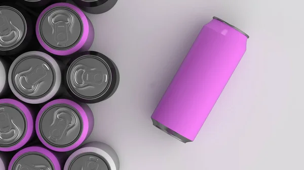 Grandes Latas Refrigerante Preto Branco Roxo Fundo Branco Mockup Bebidas — Fotografia de Stock