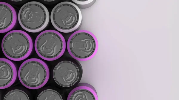 Grandes Latas Refrigerante Preto Branco Roxo Fundo Branco Mockup Bebidas — Fotografia de Stock