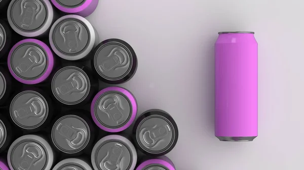 Большие Черные Белые Фиолетовые Банки Содовой Белом Фоне Макет Напитка — стоковое фото