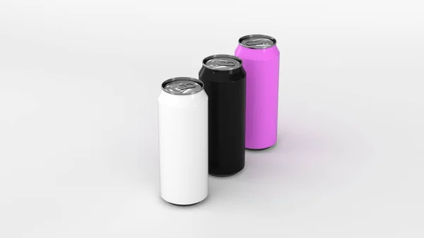 白色背景的黑色 白色和紫色汽水罐的原始 饮料样机 锡包啤酒或饮料 渲染插图 — 图库照片