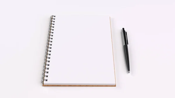 Cuaderno Espiral Blanco Blanco Con Bolígrafo Automático Sobre Mesa Blanca — Foto de Stock