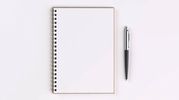 Κενό Λευκό Σπιράλ Σημειωματάριο Αυτόματη Στυλό Λευκό Τραπέζι Κοροϊδεύω Επαγγελματίες — Φωτογραφία Αρχείου