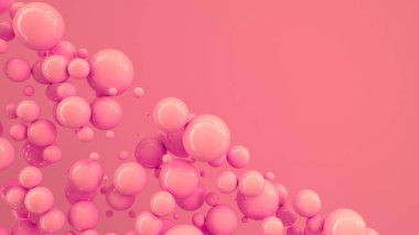 Kırmızı küre kırmızı zemin üzerine rastgele büyüklükte. Arka plan daire ile. Bulut çevrelerin duvar önünde. 3D render illüstrasyon