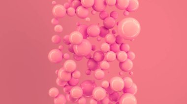 Kırmızı küre kırmızı zemin üzerine rastgele büyüklükte. Arka plan daire ile. Bulut çevrelerin duvar önünde. 3D render illüstrasyon