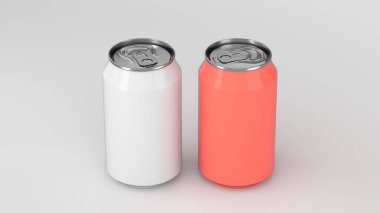 İki küçük beyaz ve kırmızı alüminyum tozu mockup beyaz arka plan üzerinde kutular. Bira veya içecek teneke paketi. 3D render illüstrasyon