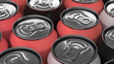 Büyük, siyah, beyaz arka plan üzerinde beyaz ve kırmızı soda kutular. İçecek mockup. Bira veya içecek teneke paketi. 3D render illüstrasyon
