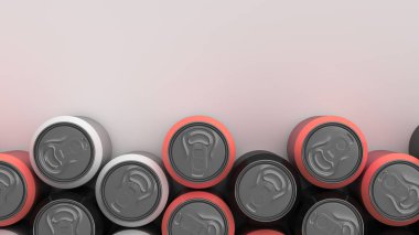 Büyük, siyah, beyaz arka plan üzerinde beyaz ve kırmızı soda kutular. İçecek mockup. Bira veya içecek teneke paketi. 3D render illüstrasyon