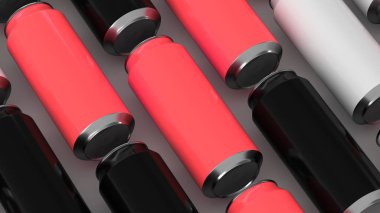 Beyaz arka plan üzerinde siyah, beyaz ve kırmızı soda RAWs kutular. İçecek mockup. Bira veya içecek teneke paketi. 3D render illüstrasyon