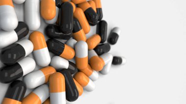 Beyaz arka planda siyah, beyaz ve turuncu ilaç kapsül yığını. Tıp, sağlık veya eczane konsepti. 3D render illüstrasyon