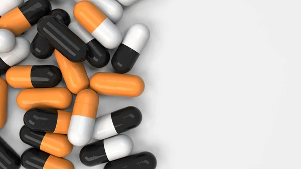 Pile of black, white and orange medicine capsules on white background. Medical, healthcare or pharmacy concept. 3D rendering illustration