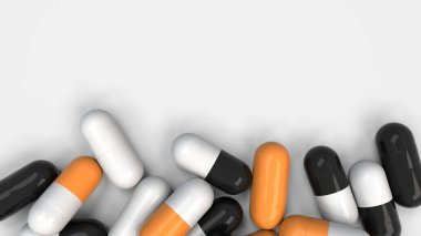 Beyaz arka planda siyah, beyaz ve turuncu ilaç kapsül yığını. Tıp, sağlık veya eczane konsepti. 3D render illüstrasyon