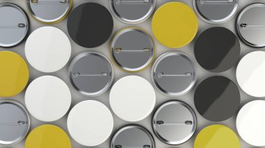 Beyaz zemin üzerine boş siyah, beyaz ve sarı rozetleri. PIN düğmesini mockup. 3D render illüstrasyon