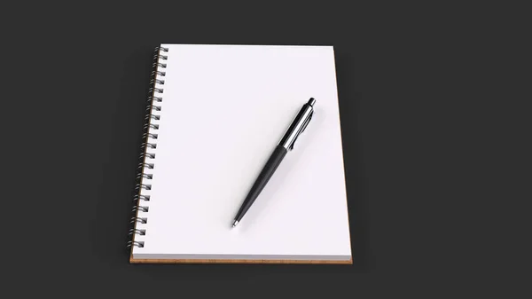 黑色桌上有自动圆珠笔的空白白色螺旋笔记本 教育或办公样机 渲染插图 — 图库照片
