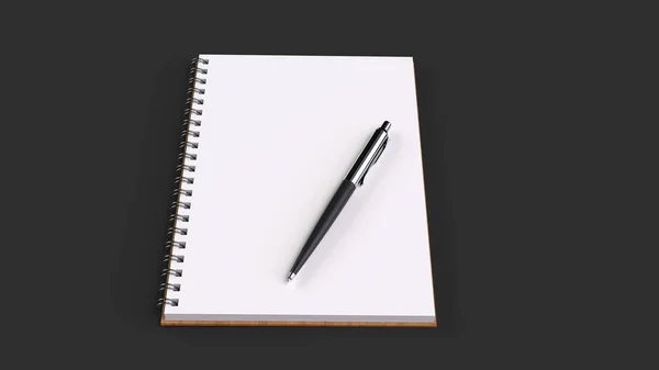 Caderno Espiral Branco Branco Com Caneta Esferográfica Automática Mesa Preta — Fotografia de Stock