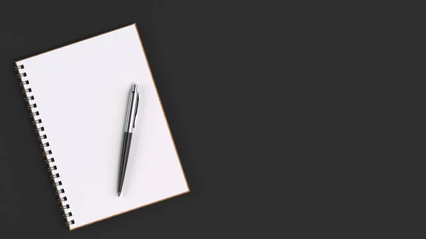 黒いテーブルの上の自動ボールペンで空白の白いスパイラル ノート ビジネス 教育またはオフィスのモックアップ レンダリング図 — ストック写真
