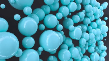 Siyah arka plan üzerine rastgele büyüklükteki mavi küre. Arka plan daire ile. Bulut çevrelerin duvar önünde. 3D render illüstrasyon