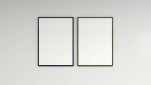 Blank white poster in colorful frame on the wall. Picture or photo mockup. 3D render illustration