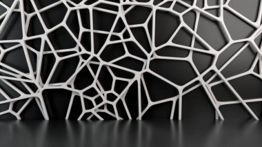 Siyah arka plan üzerine soyut beyaz 3d rendeleyin. Hoparlör ızgara. Kaotik satır yapısı. 3D render illüstrasyon