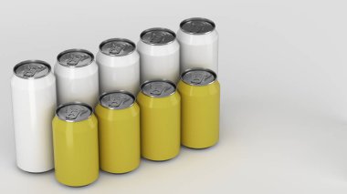 Büyük ve küçük beyaz ve sarı gazoz ayakta beyaz arka plan üzerinde iki raws kutular. İçecek mockup. Bira veya içecek teneke paketi. 3D render illüstrasyon