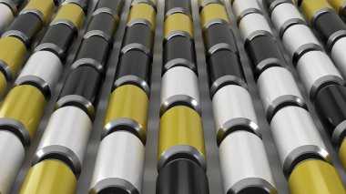 Beyaz arka plan üzerinde siyah, beyaz ve sarı gazoz RAWs kutular. İçecek mockup. Bira veya içecek teneke paketi. 3D render illüstrasyon